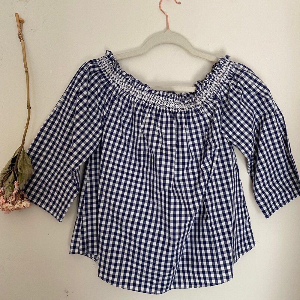 Madewell Blue/White Gingham Off-Shoulder Top